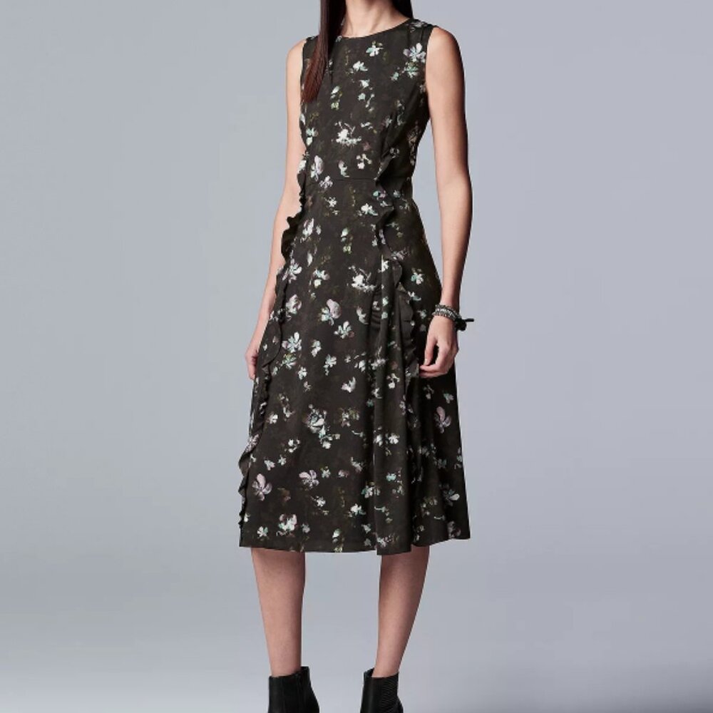 Simply Vera Vera Wang Black Dark Garden Floral Ruffle A-Line Dress EB3